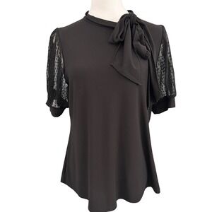 Flower & Feather Black Sheer Lace‎ Sleeve Tie Neck Top Blouse Women's Large